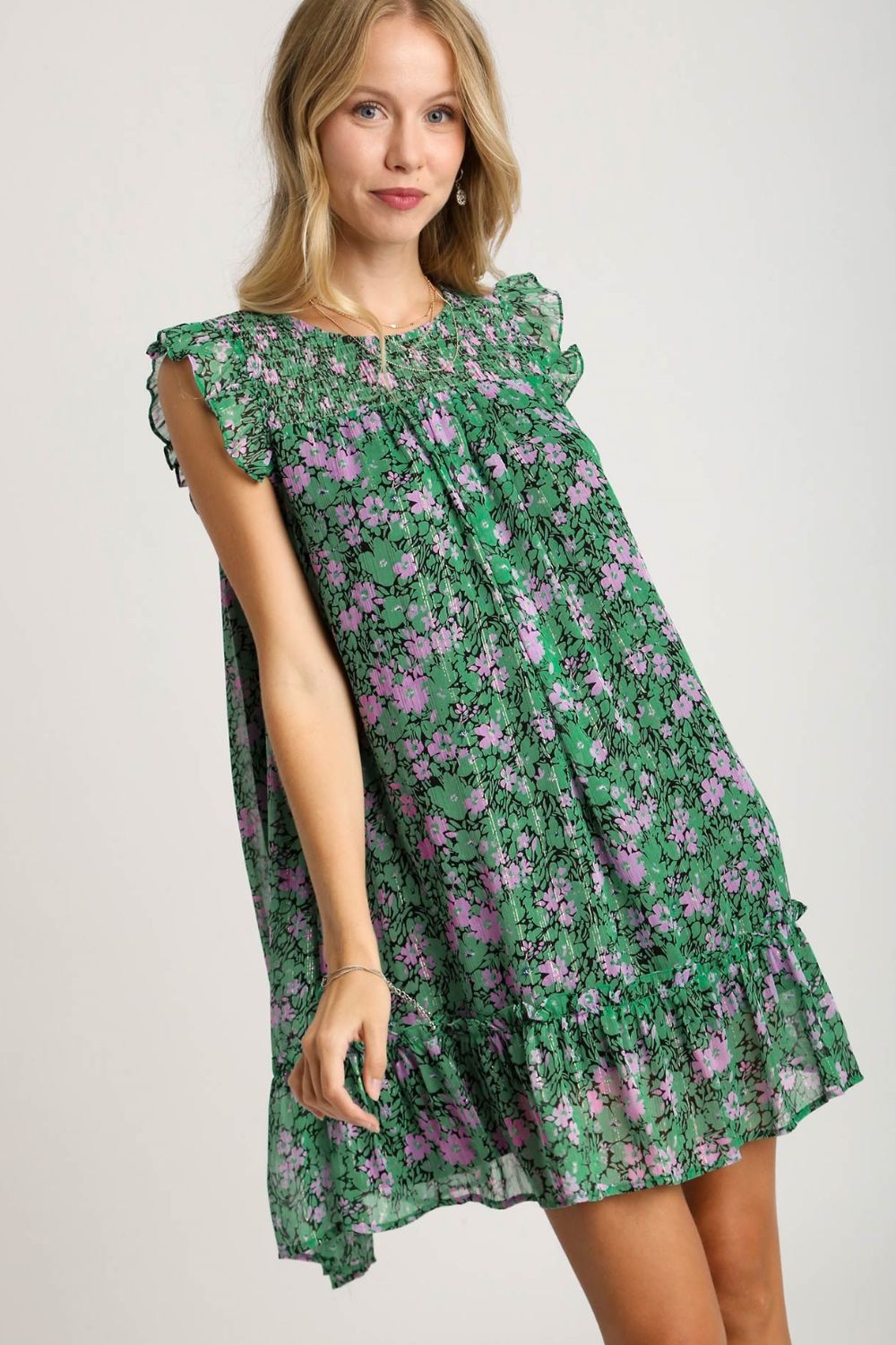 Umgee Full Size Smocked Detail Floral Metallic Ruffle Cap Sleeve Dress Plus Size Dark Green Casual Dresses