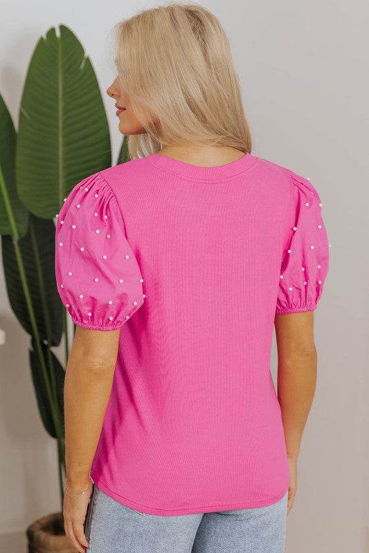 Shiloh Ribbed Pearl Beaded Puff Sleeve Top - Shop Style & More | Fresh Looks, Everyday Deals & Free Shipping