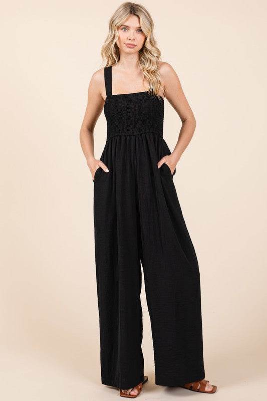 Mittoshop Smocked Wide Strap Wide Leg Overalls - Shop Style & More | Fresh Looks, Everyday Deals & Free Shipping