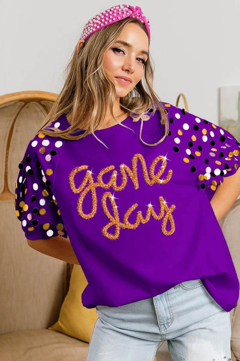 BiBi Game Day Metallic Letter Spangle Sleeve Top - Shop Style & More | Fresh Looks, Everyday Deals & Free Shipping