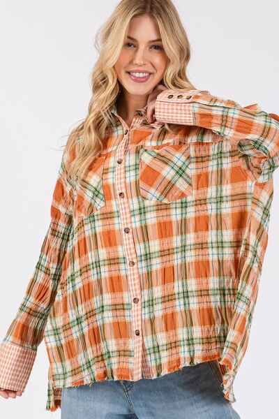 SAGE + FIG Side Slit Plaid Button Down Long Sleeve Shirt Blouses