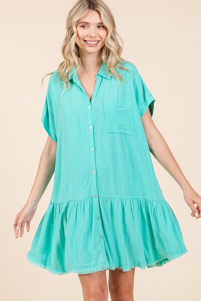 Mittoshop Linen Blend Button Down Shirt Mini Dress Tiffany Blue Casual Dresses