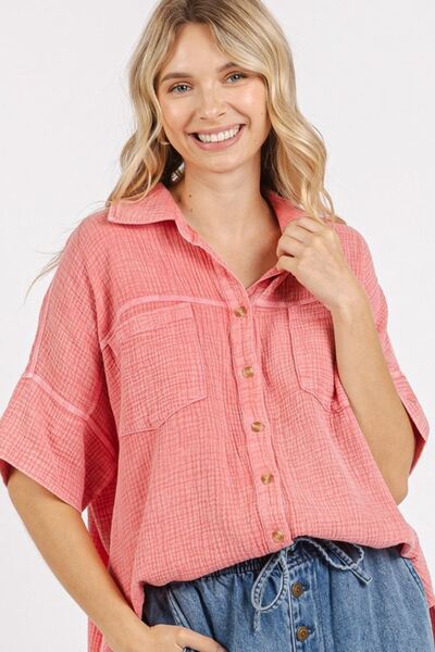 Mittoshop Mineral Wash Gauze Oversized Short Sleeve Shirt Blouses