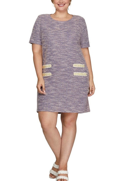 She + Sky Full Size Short Sleeve Pearl Studded Trim Knit Tweed Dress Plus Size Casual Dresses