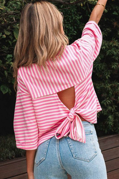 Riley Stripe Bowknot Cutout Back Loose Top - Shop Style & More | Fresh Looks, Everyday Deals & Free Shipping