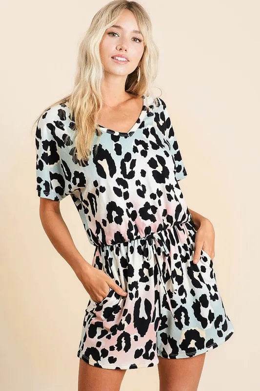 BiBi Gradation Leopard Soft Knit V-neck Romper - Shop Style & More | Fresh Looks, Everyday Deals & Free Shipping