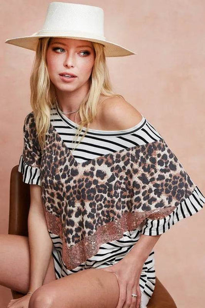 BiBi Stripe Rayon Span Knit Color Block Top With Leopard - Shop Style & More | Fresh Looks, Everyday Deals & Free Shipping