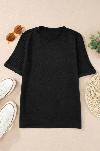 Alma Ribbed Splicing Sleeve Round Neck Top - Shop Style & More | Fresh Looks, Everyday Deals & Free Shipping