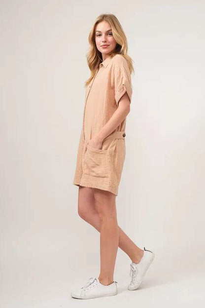 And The Why Washed Gauze Roll-up Sleeve Comfort Utility Romper - Shop Style & More | Fresh Looks, Everyday Deals & Free Shipping
