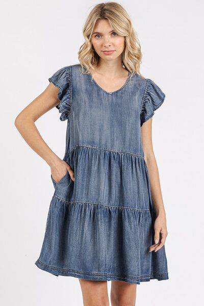 Mittoshop V-Neck Ruffled Cap Sleeve Mini Dress DK DENIM Casual Dresses