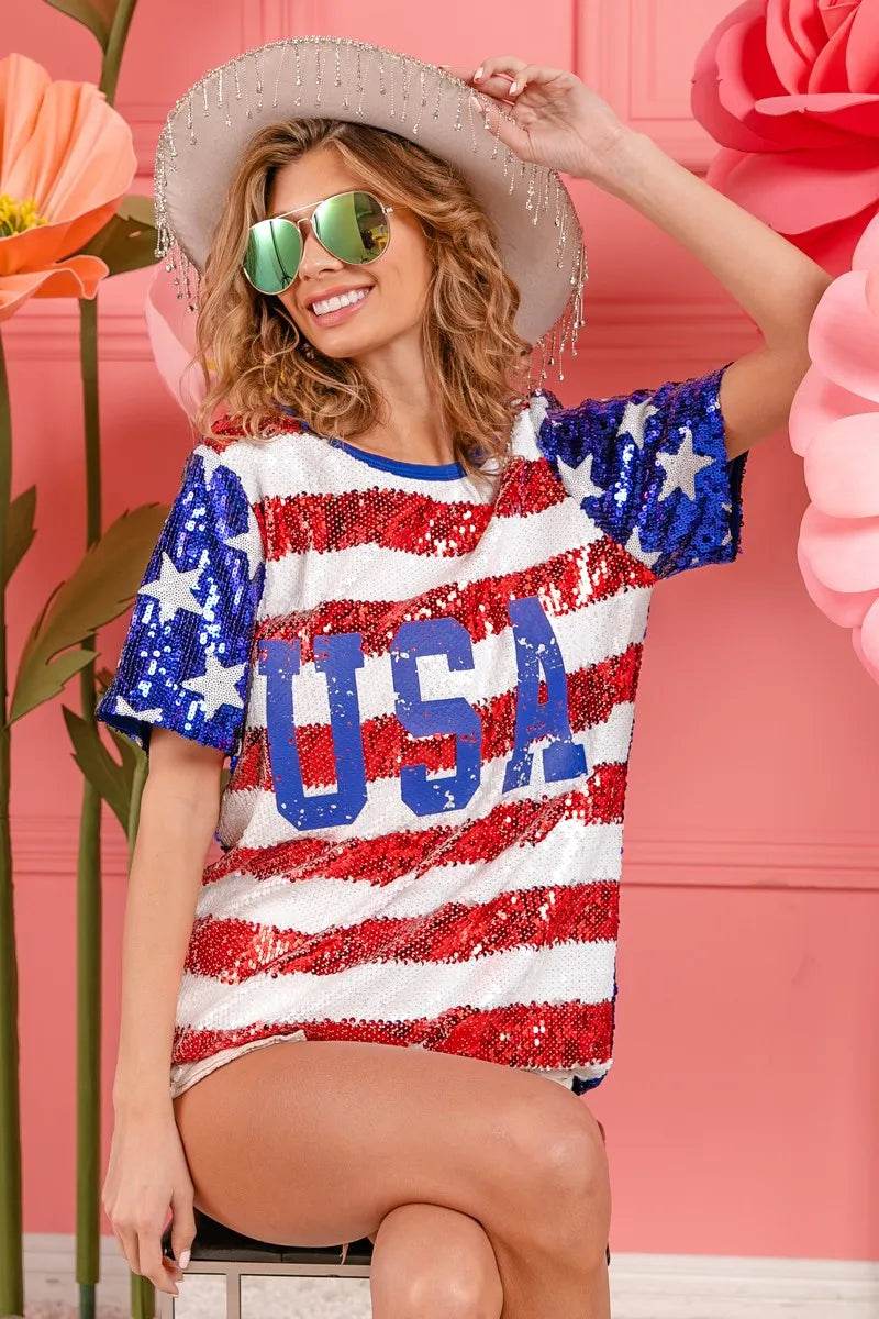 BiBi American Flag Theme USA Lettering Sequin Top - Shop Style & More | Fresh Looks, Everyday Deals & Free Shipping
