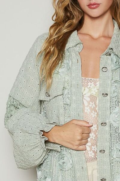 POL Eyelet Flower Pearl Detail Lace Patchwork Shirt Blouses