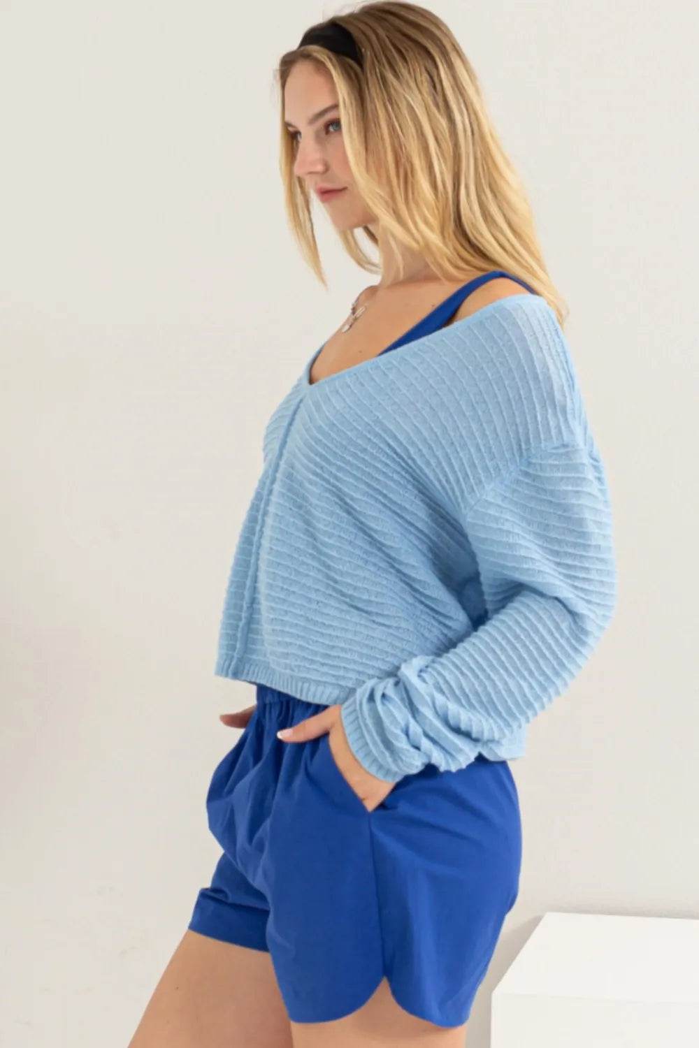 HYFVE V-Neck Stripe Texture Long Sleeve Top - Shop Style & More | Fresh Looks, Everyday Deals & Free Shipping
