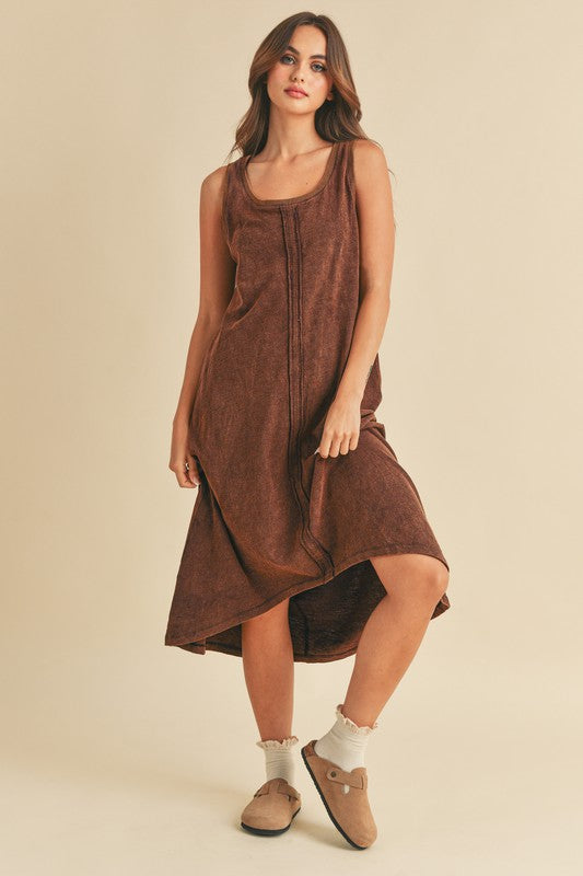 Aemi + Co High-Low Hem Scoop Neck Midi Tank Dress Brown Casual Dresses