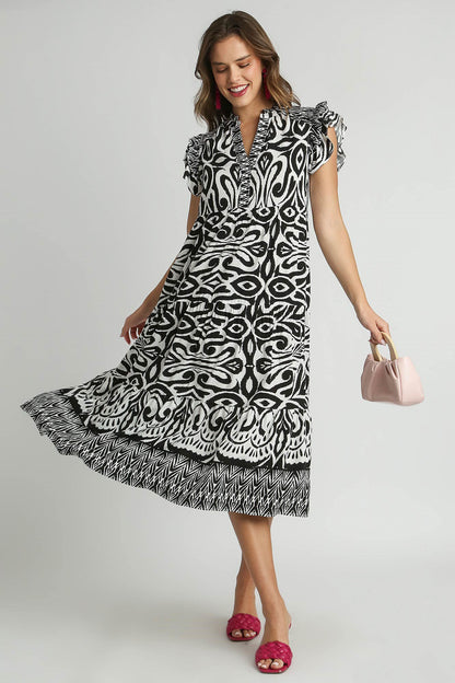 Umgee Full Size Two Tone Border Print Ruffle Cap Sleeve Midi Dress Plus Size Casual Dresses