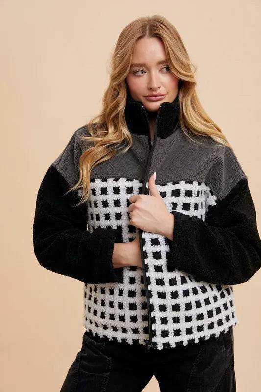 Annie Wear Plaid Zip Up Drop Shoulder Sherpa Jacket - Shop Style & More | Fresh Looks, Everyday Deals & Free Shipping