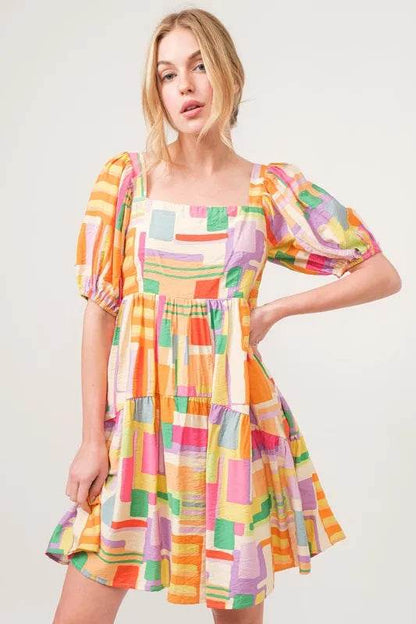 And The Why Square Neck Puff Sleeve Geo Printed Mini Dress - Shop Style & More | Fresh Looks, Everyday Deals & Free Shipping
