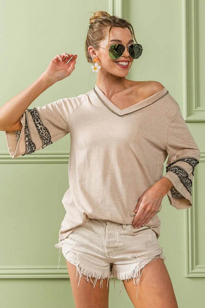 BiBi Triblend Knit Top with Leopard Band Detail - Shop Style & More | Fresh Looks, Everyday Deals & Free Shipping