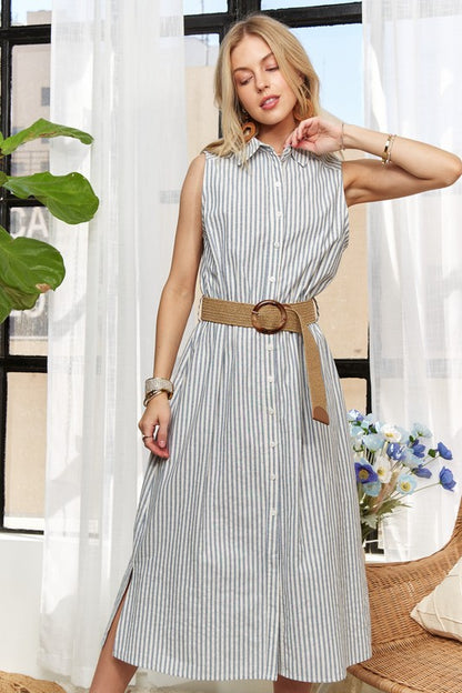 ADORA Striped Button Down Sleeveless Midi Dress Casual Dresses