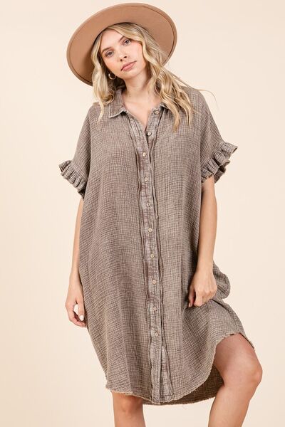 Mittoshop Mineral Wash Cotton Gauze Mini Shirt Dress Casual Dresses