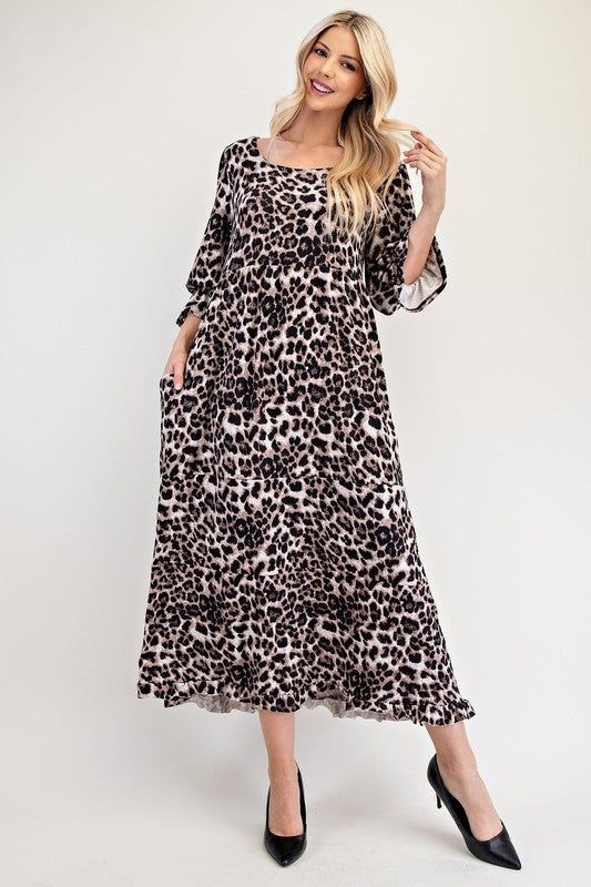 Celeste Leopard Flounce Sleeve Dress - Full Size Round Neck Style Casual Dresses