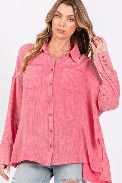 SAGE + FIG Frayed Hem Side Slit Button Down Shirt Blouses