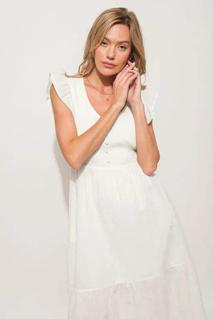 And The Why Ruffle Sleeve Front Smocked Tiered Midi Dress - Shop Style & More | Fresh Looks, Everyday Deals & Free Shipping