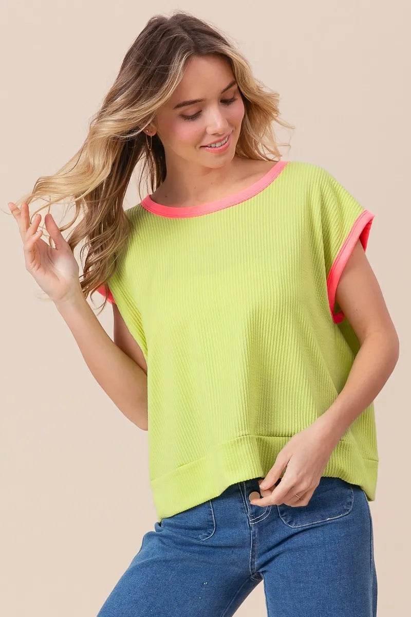 BiBi Cord Rib Knit Contrast Banded Top - Shop Style & More | Fresh Looks, Everyday Deals & Free Shipping