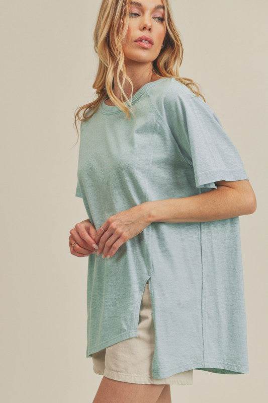 Aemi + Co Asymmetrical Front Slit Round Neck Raglan Sleeve T-Shirt - Shop Style & More | Fresh Looks, Everyday Deals & Free Shipping