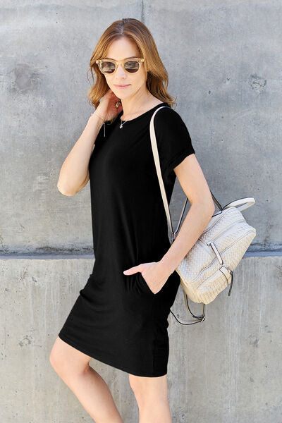 Basic Bae Bamboo Full Size Round Neck Short Sleeve Dress with Pockets Casual Dresses