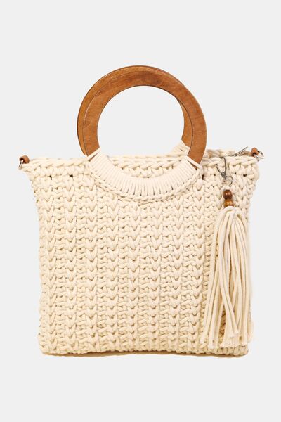 Fame Crochet Knit Convertible Tote Bag with Tassel IV One Size Bags