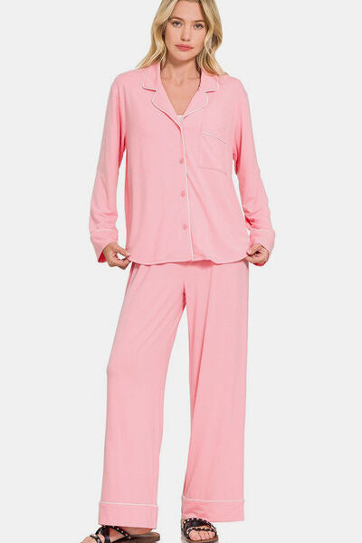 Zenana Button Down Long Sleeve Top and Pants Lounge Set Pink Lounge Set