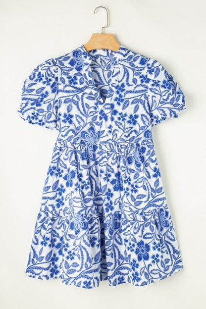 Blue Flower Print Puff Sleeve Tiered Dress - Shop Style & More | Fresh Looks, Everyday Deals & Free Shipping