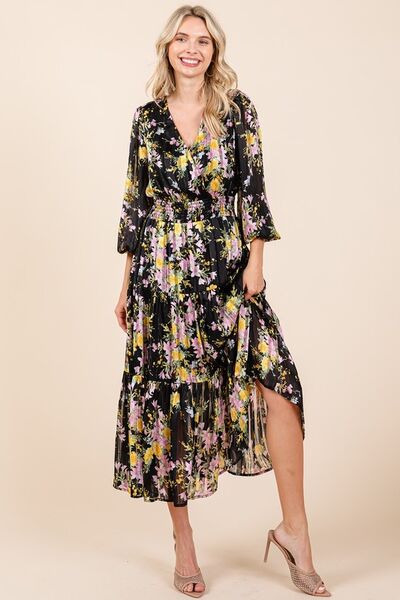 Mittoshop Flower Print Satin Lurex Stripe Smocked Midi Dress Casual Dresses