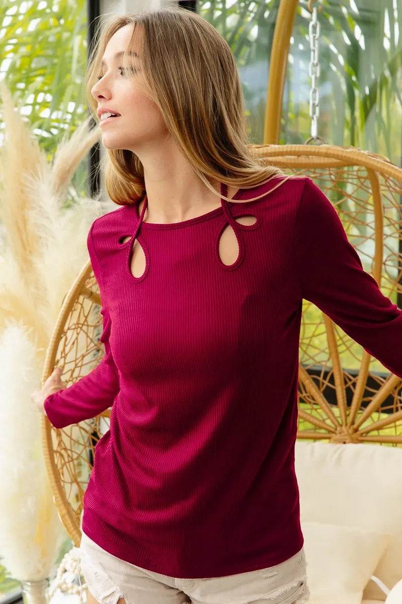 BiBi Rib Knit With Cut Out and Tied Neck Detailed Top - Shop Style & More | Fresh Looks, Everyday Deals & Free Shipping