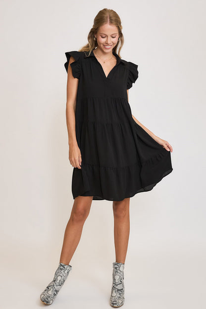 Umgee Full Size Johnny Collar Ruffle Cap Sleeve Tiered Dress Plus Size Casual Dresses