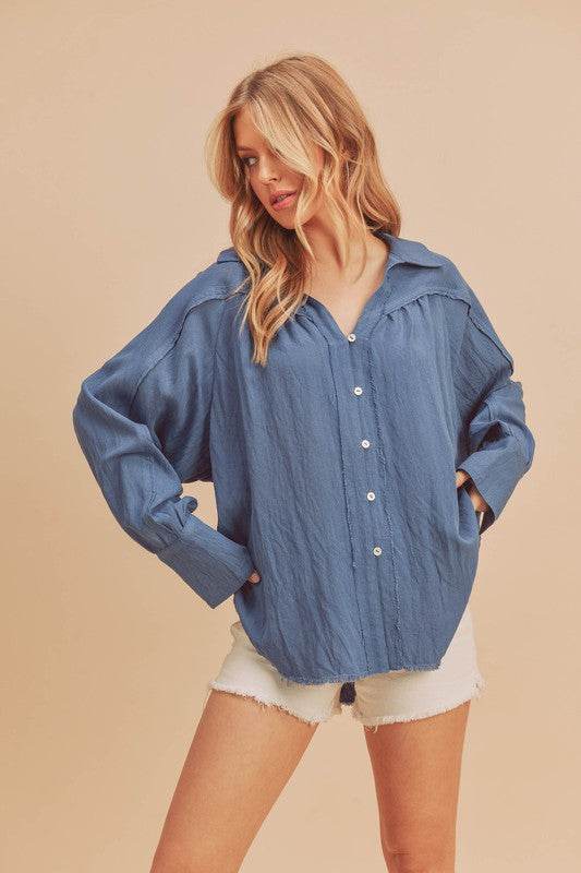 Aemi + Co Raw Hem Button Down Raglan Sleeve Shirt - Shop Style & More | Fresh Looks, Everyday Deals & Free Shipping