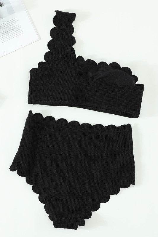 Women Black Solid Scalloped One-Shoulder Bikini - Shop Style & More | Fresh Looks, Everyday Deals & Free Shipping