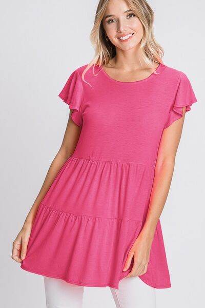 Heimish Full Size Tiered Round Neck Ruffle Sleeve Top Plus Size - Shop Style & More | Fresh Looks, Everyday Deals & Free Shipping