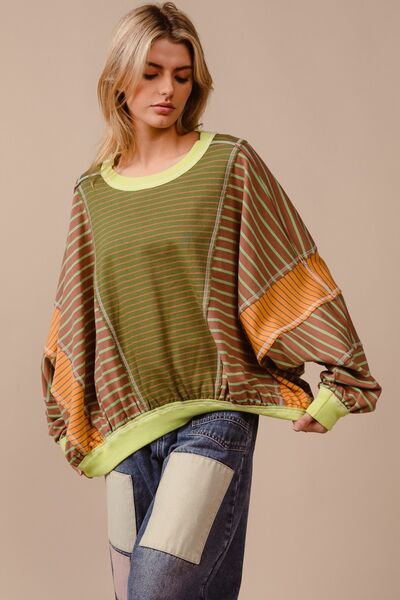 BiBi Color Block Striped Round Neck Sweatshirt Hoodies & Sweaters