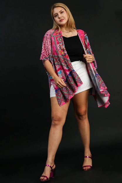 Umgee Full Size Mixed Print Ruffle Hem Open Front Cover Up Plus Size - Shop Style & More | Fresh Looks, Everyday Deals & Free Shipping