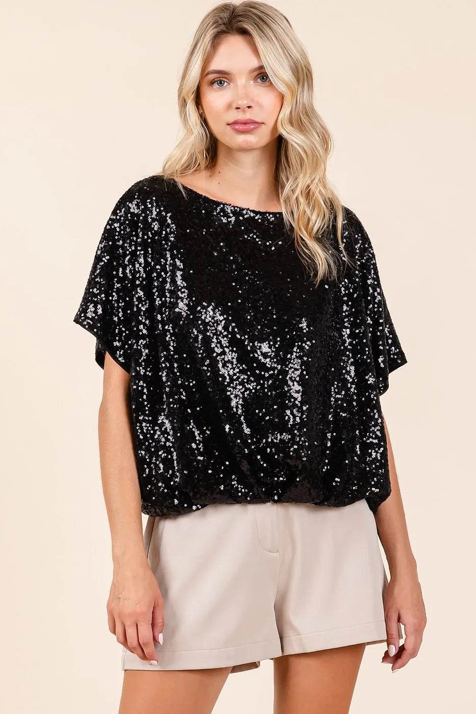 Mittoshop Sequin Short Sleeve Elastic Band Hem Top - Shop Style & More | Fresh Looks, Everyday Deals & Free Shipping