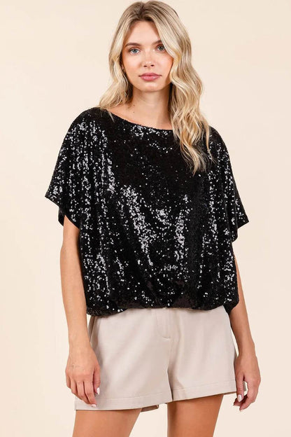 Mittoshop Sequin Short Sleeve Elastic Band Hem Top - Shop Style & More | Fresh Looks, Everyday Deals & Free Shipping