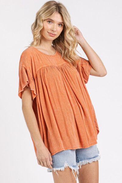 Mittoshop Mineral Washed Round Neck Ruffle Sleeve Blouse Blouses