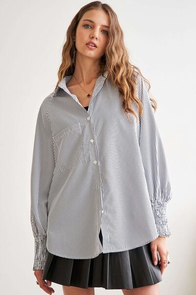 ADORA High-Low Striped Button Down Smocked Lantern Sleeve Shirt Blouses