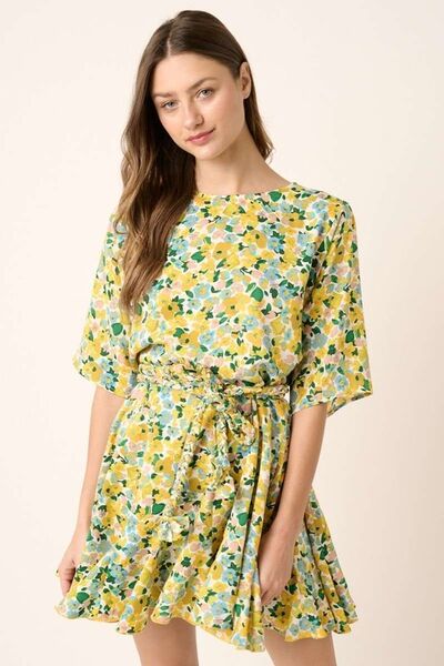 Mittoshop Floral Tie Waist Half Sleeve Mini Dress Casual Dresses