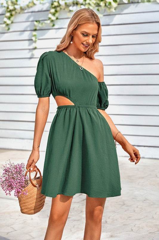 One Shoulder Puff Sleeve Fit Flare Short Dress - Shop Style & More | Fresh Looks, Everyday Deals & Free Shipping