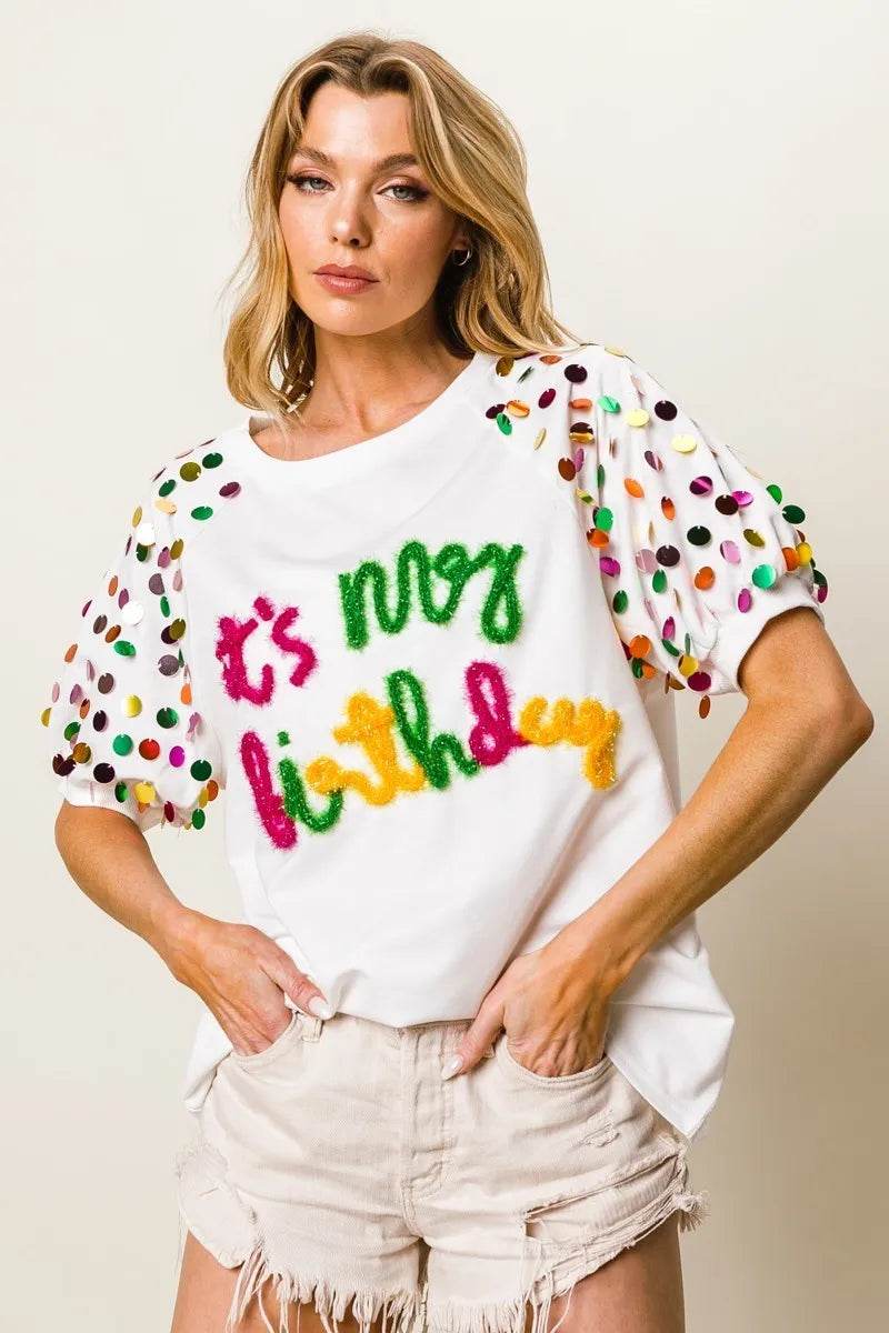 BiBi Metallic Letter Spangle Raglan Puff Sleeve Top - Shop Style & More | Fresh Looks, Everyday Deals & Free Shipping