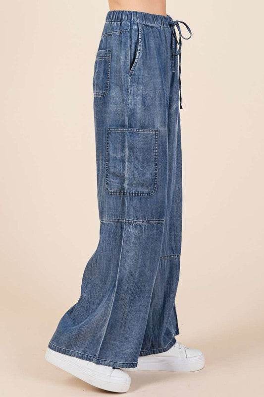 Mittoshop Washed Elastic Waist Cargo Wide Leg Pants - Shop Style & More | Fresh Looks, Everyday Deals & Free Shipping