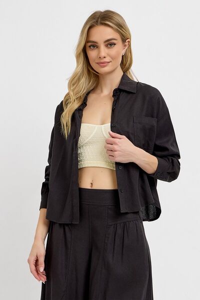 RISEN Button Down Long Sleeve Shirt Black Blouses